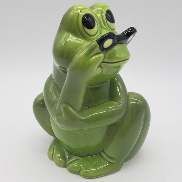 Noritake for Gift Craft MCM 1970s Ceramic Green Frog with Glasses Coin Bank - Picture 3 of 8